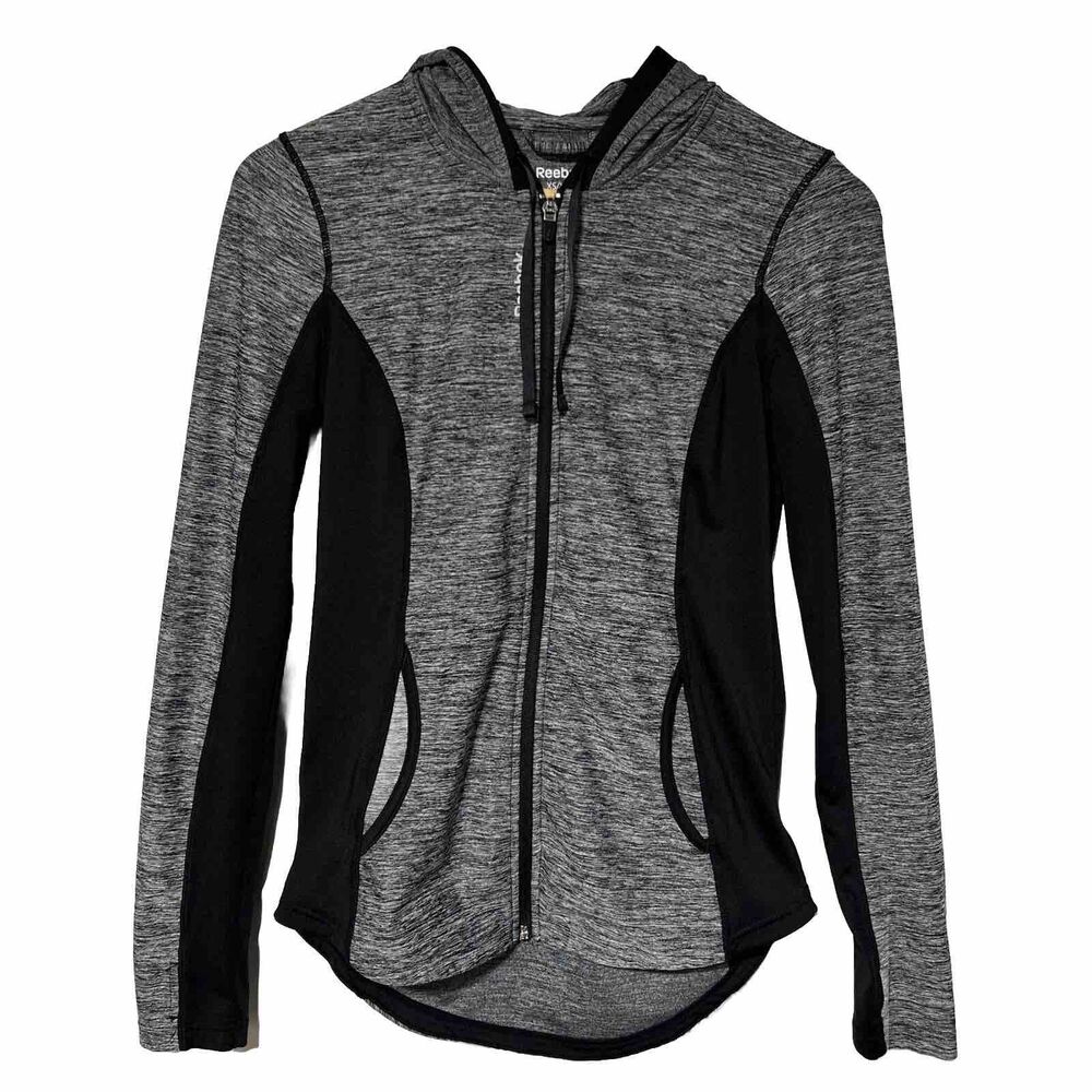Reebok Womens Activewear Hoodie Sweatshirt XS Black/Gray Zip Running Track